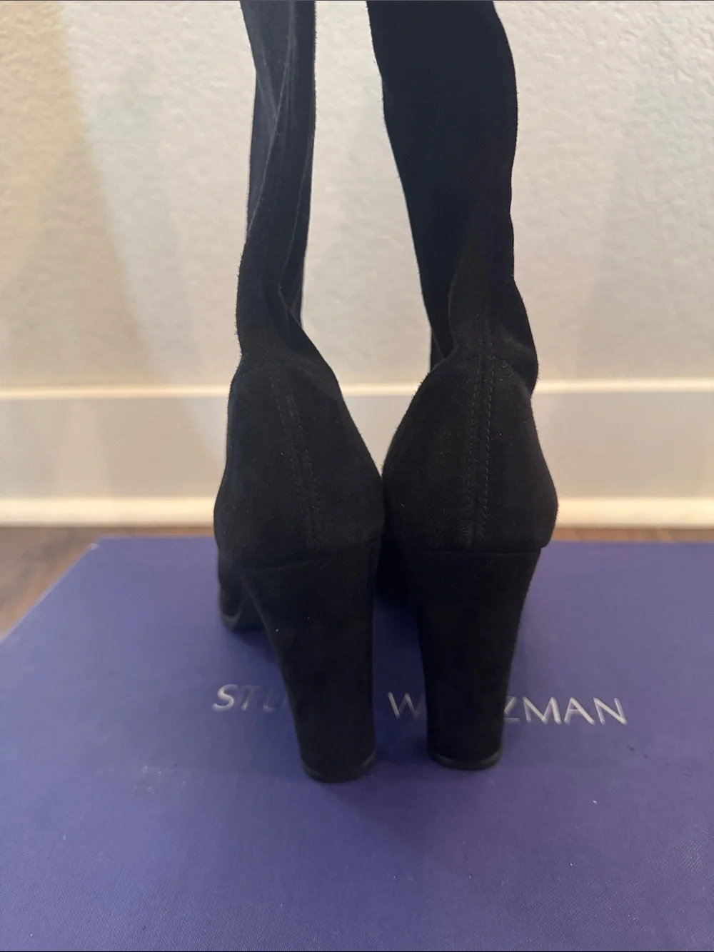 Stuart Weitzman Black Suede Over-the-Knee Heeled Boots